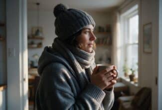 Persona abrigándose antes de salir de casa en un día frío, con ropa de invierno y una taza caliente en las manos.