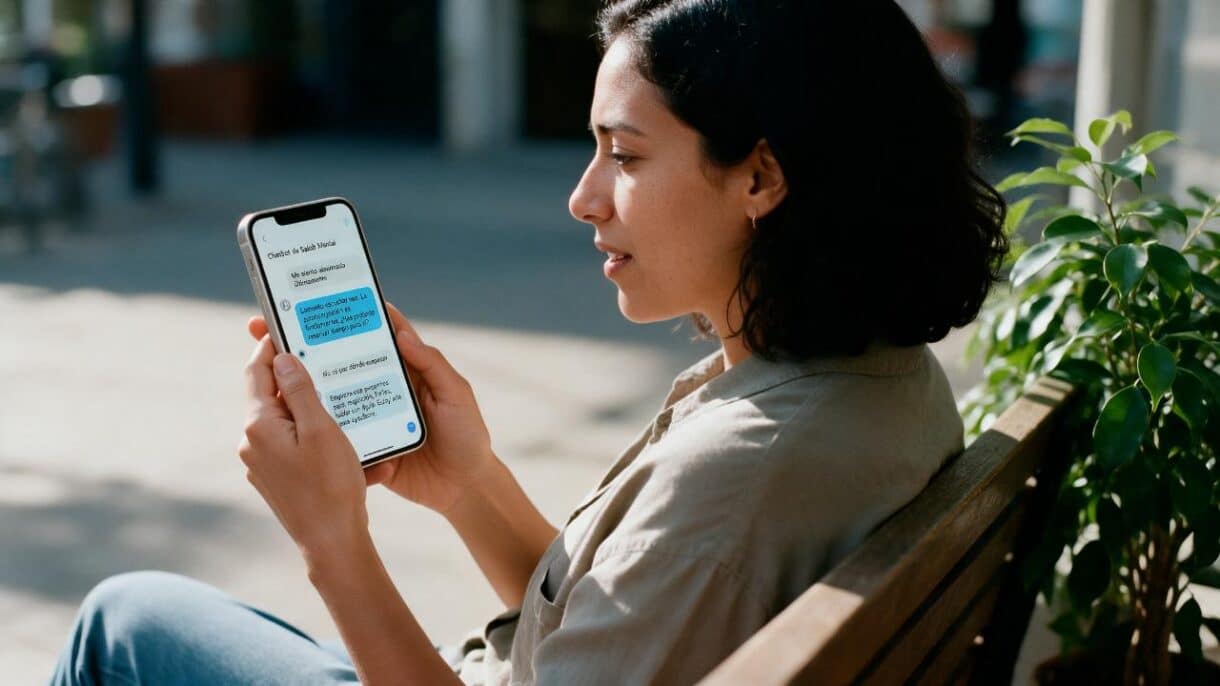 Mujer latina conversando con un chatbot de inteligencia artificial sobre salud mental desde su teléfono