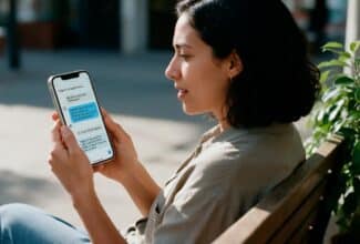 Mujer latina conversando con un chatbot de inteligencia artificial sobre salud mental desde su teléfono