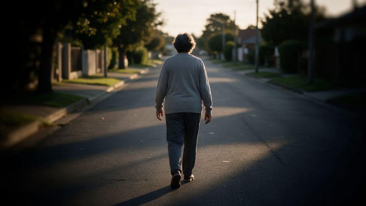 Persona con retinosis pigmentaria caminando al anochecer con pérdida de visión periférica