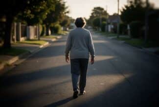 Persona con retinosis pigmentaria caminando al anochecer con pérdida de visión periférica