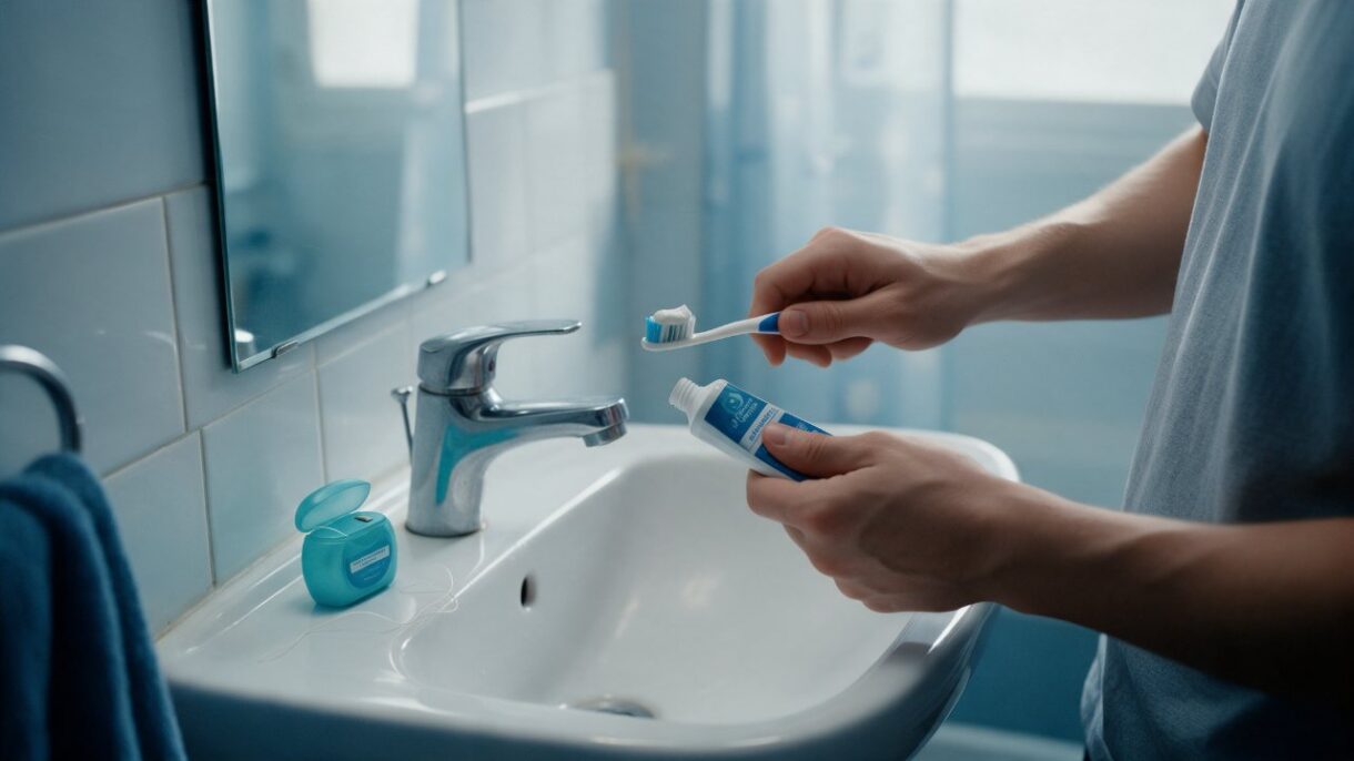 Persona realizando su rutina dental con cepillo de dientes, pasta con flúor e hilo dental