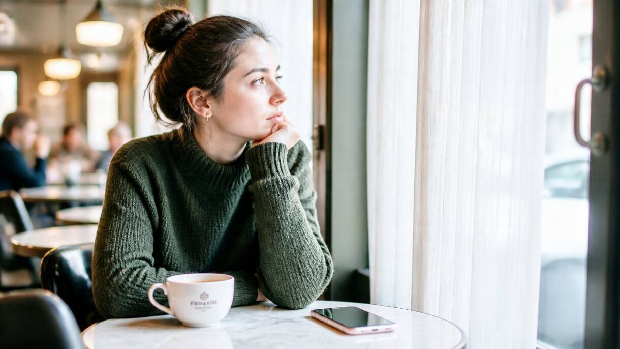 Mujer pensativa mirando su teléfono mientras piensa de forma persistente en una persona