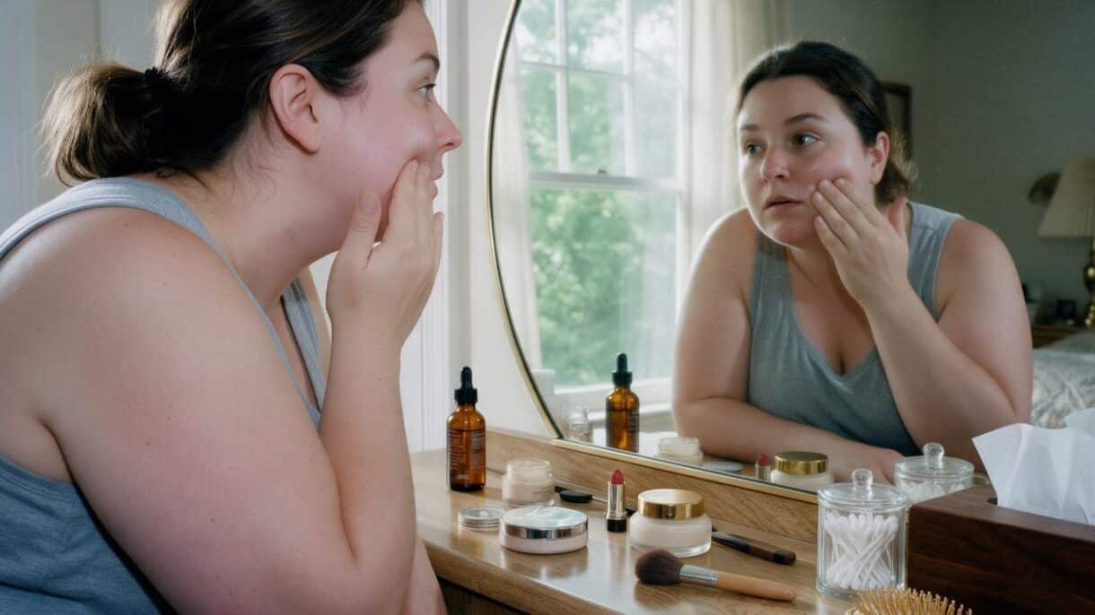 Mujer mirándose al espejo preocupada por cambios en su rostro relacionados con el cortisol