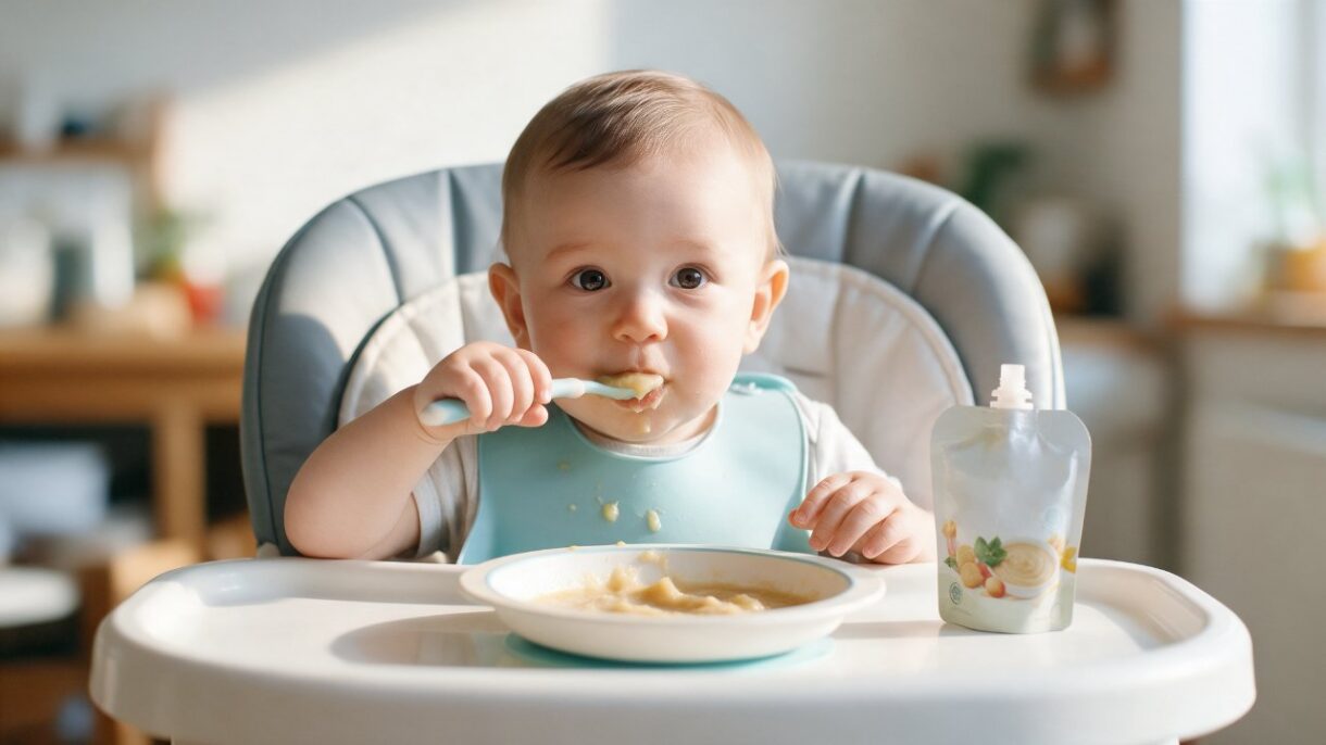Bebé comiendo un puré junto a una bolsita de comida infantil