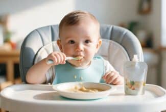 Bebé comiendo un puré junto a una bolsita de comida infantil