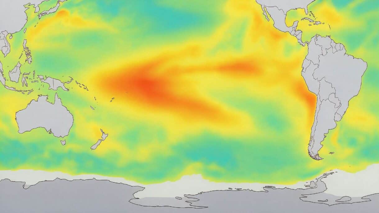 Mapa del Pacífico mostrando el calentamiento asociado con El Niño