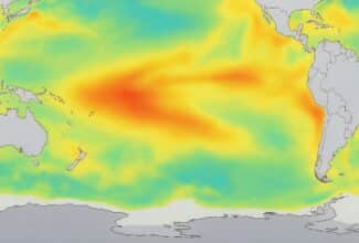 Mapa del Pacífico mostrando el calentamiento asociado con El Niño