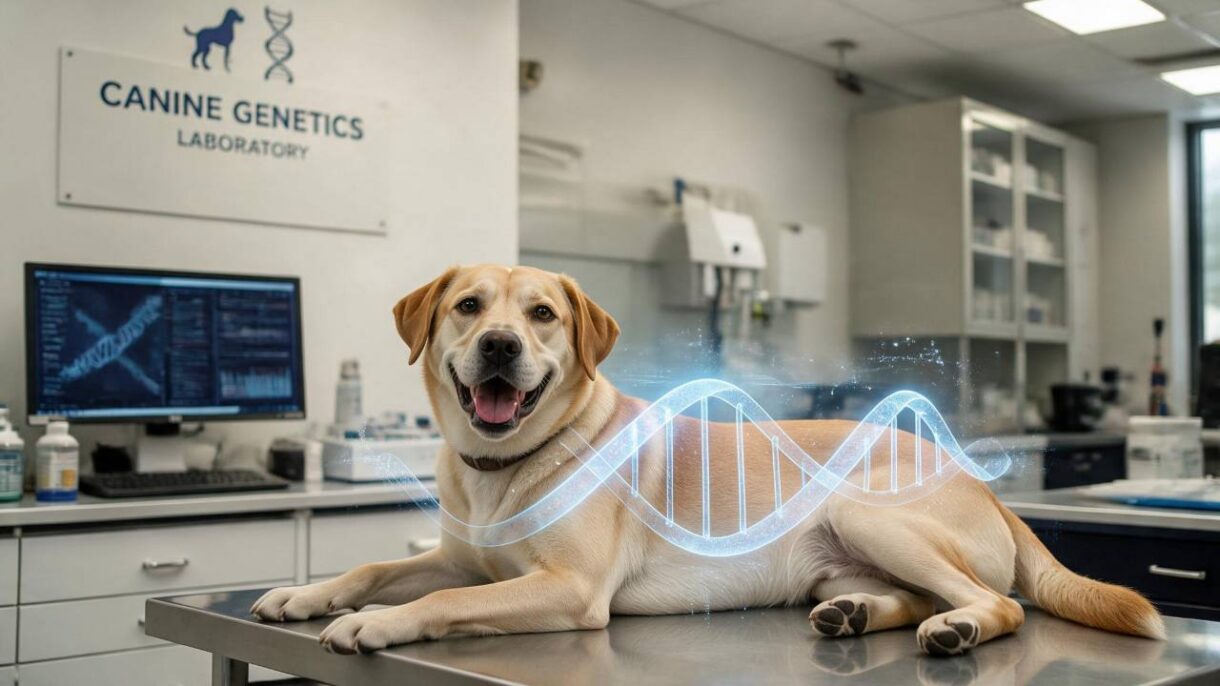 Perro con a una representación de ADN que ilustra la clonación y genética.