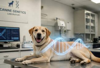 Perro con a una representación de ADN que ilustra la clonación y genética.