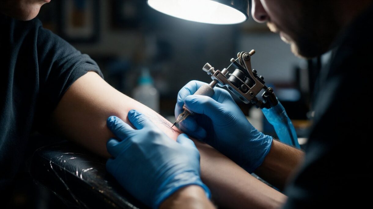 Persona haciéndose un tatuaje en un estudio profesional con medidas de higiene.