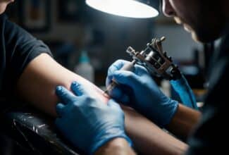 Persona haciéndose un tatuaje en un estudio profesional con medidas de higiene.