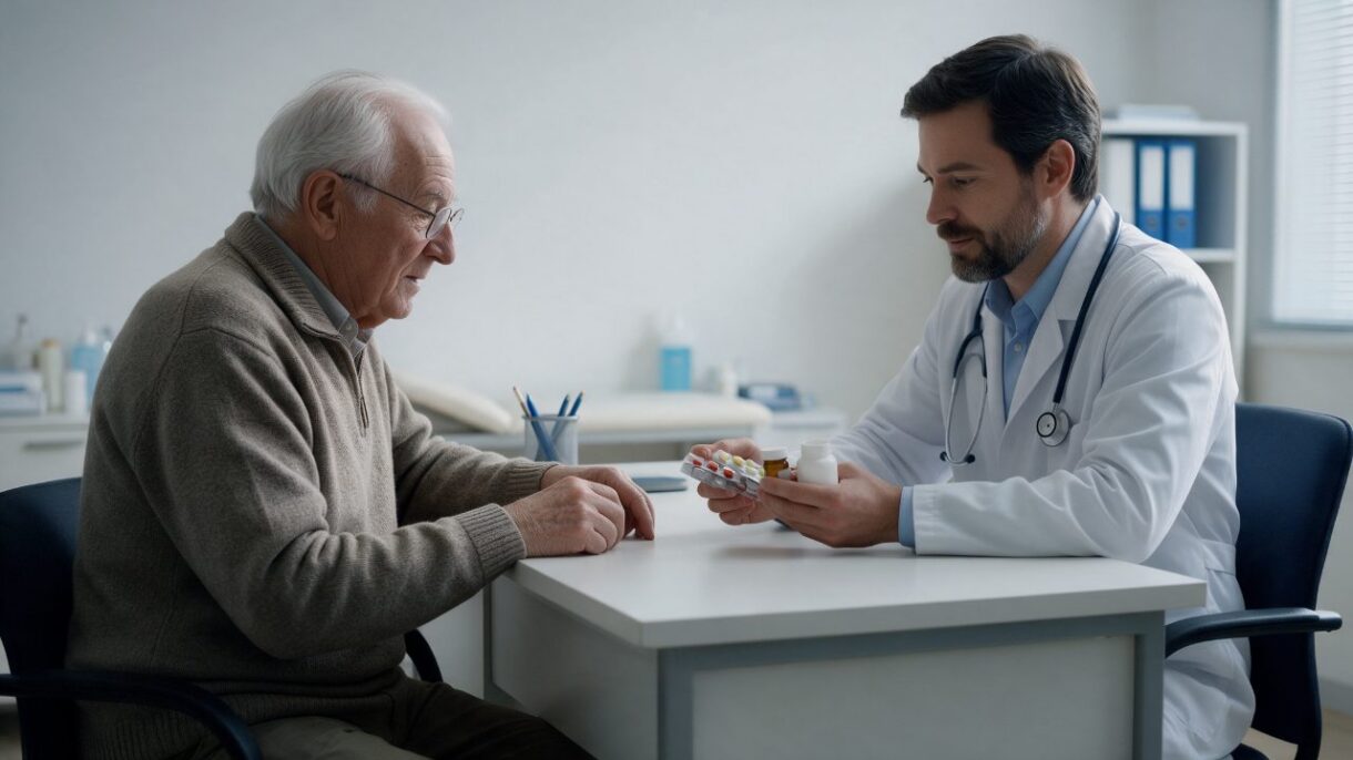 Adulto mayor revisando sus medicamentos con un profesional de la salud
