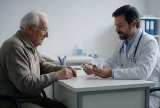Adulto mayor revisando sus medicamentos con un profesional de la salud