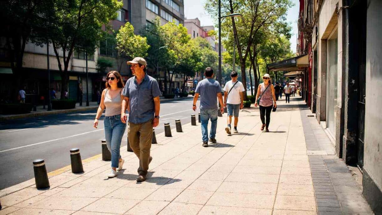 Personas caminando bajo el sol durante una ola de calor extremo en una ciudad