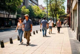 Personas caminando bajo el sol durante una ola de calor extremo en una ciudad