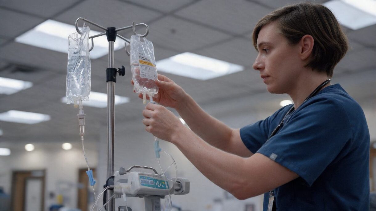 Profesional de la salud preparando una infusión intravenosa de un medicamento