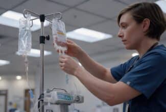 Profesional de la salud preparando una infusión intravenosa de un medicamento