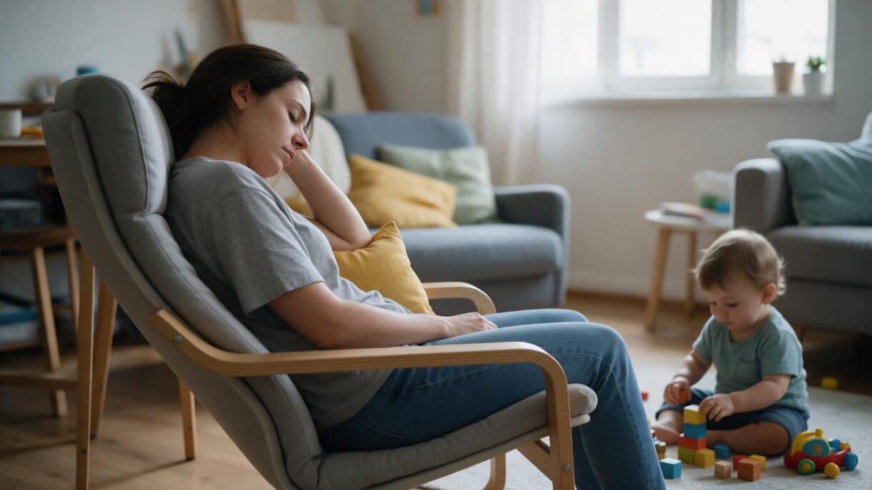 Madre descansando en el sofá mientras su hijo pequeño juega cerca de ella, en una escena que representa el agotamiento durante la crianza.