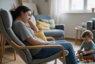 Madre descansando en el sofá mientras su hijo pequeño juega cerca de ella, en una escena que representa el agotamiento durante la crianza.