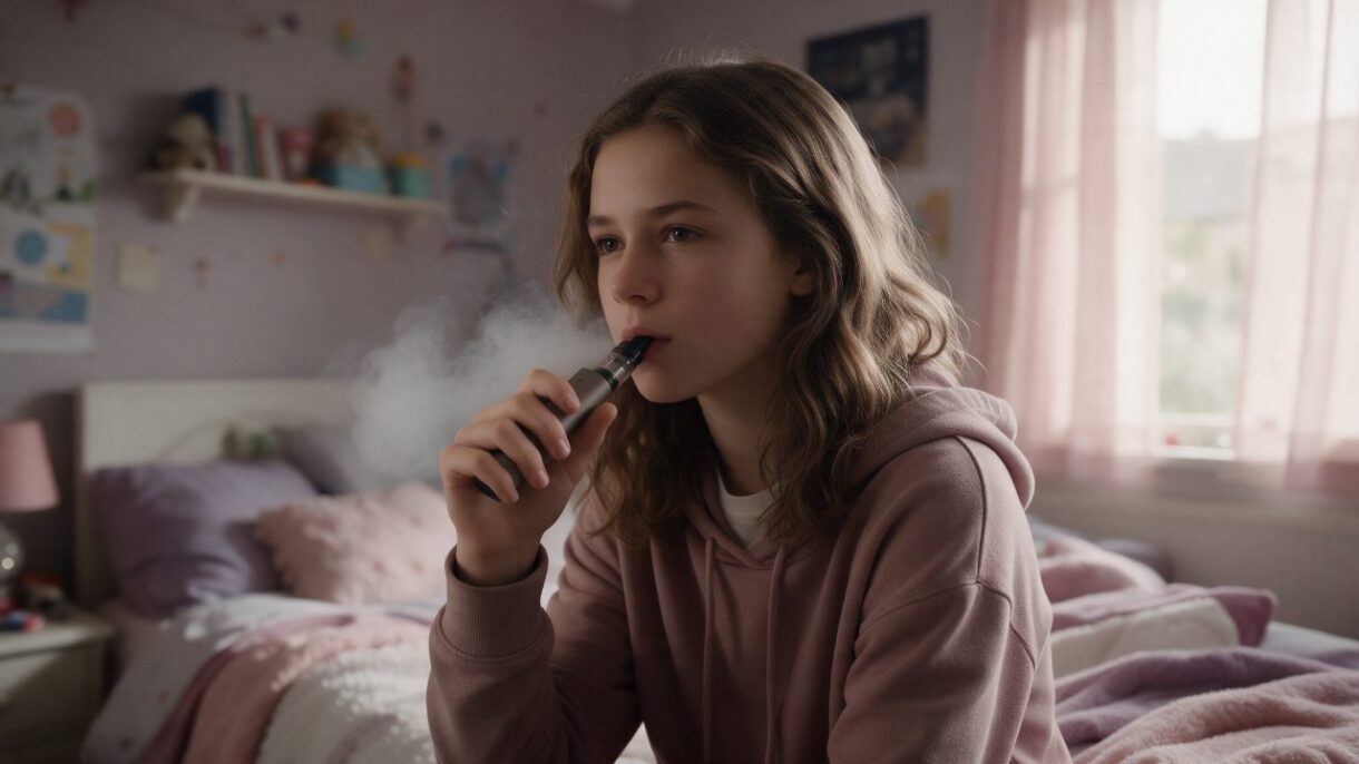 Adolescente utilizando un cigarrillo electrónico o vapeador