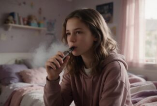 Adolescente utilizando un cigarrillo electrónico o vapeador