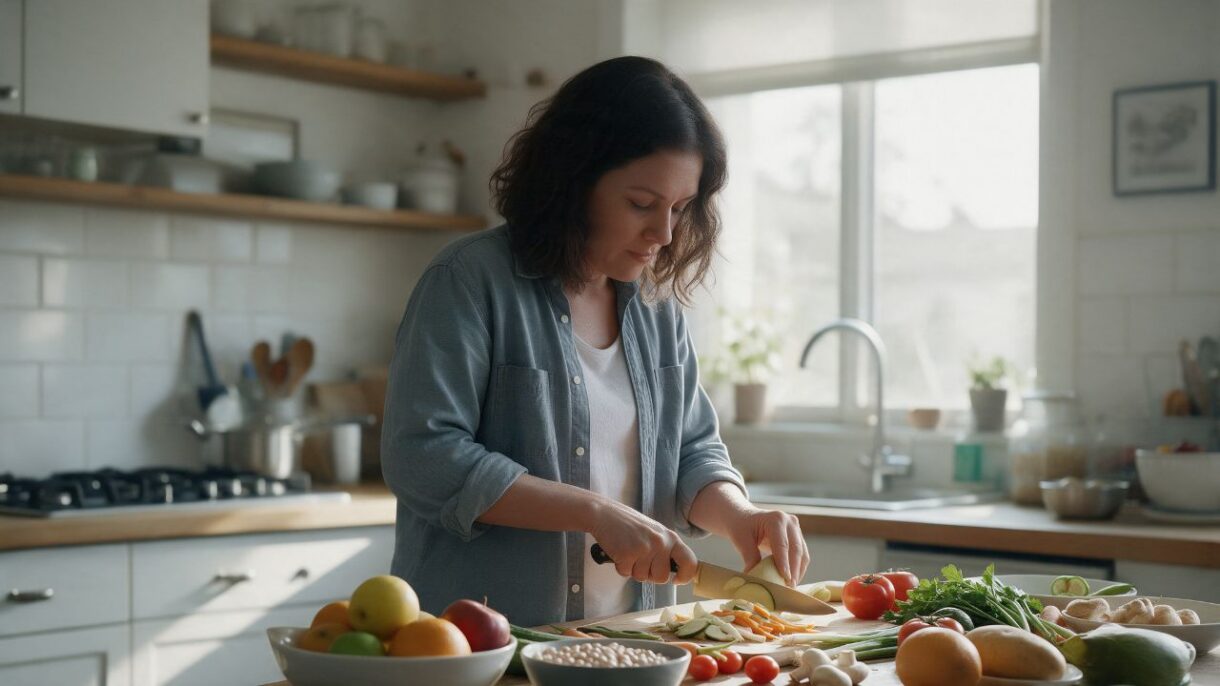 Persona preparando una comida con alimentos frescos como alternativa a los productos ultraprocesados