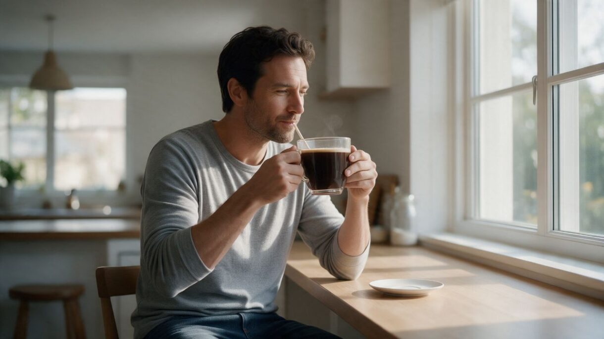 Taza de café junto a una ilustración de un corazón que representa los efectos de la cafeína en la salud cardiovascular
