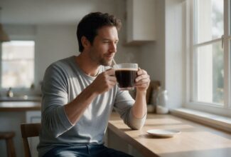 Taza de café junto a una ilustración de un corazón que representa los efectos de la cafeína en la salud cardiovascular