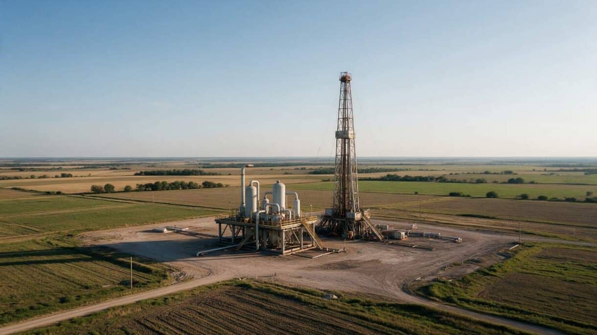 Operación de fracking para extraer gas natural mediante perforación horizontal e inyección de agua