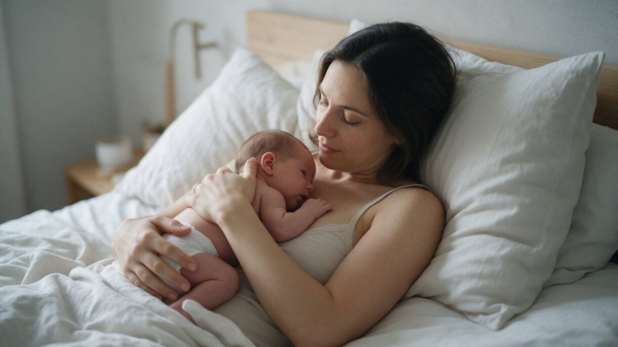 Una madre descansa con su bebé durante el posparto, una etapa de recuperación que podría influir en la salud materna a largo plazo.